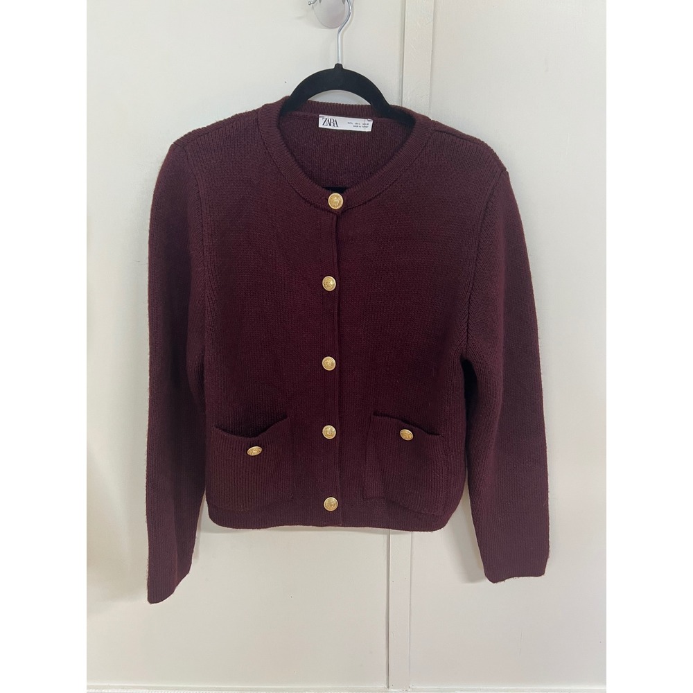 Zara Burgundy Knit Cardigan Gold Crest Buttons Crew Neck Sweater Large